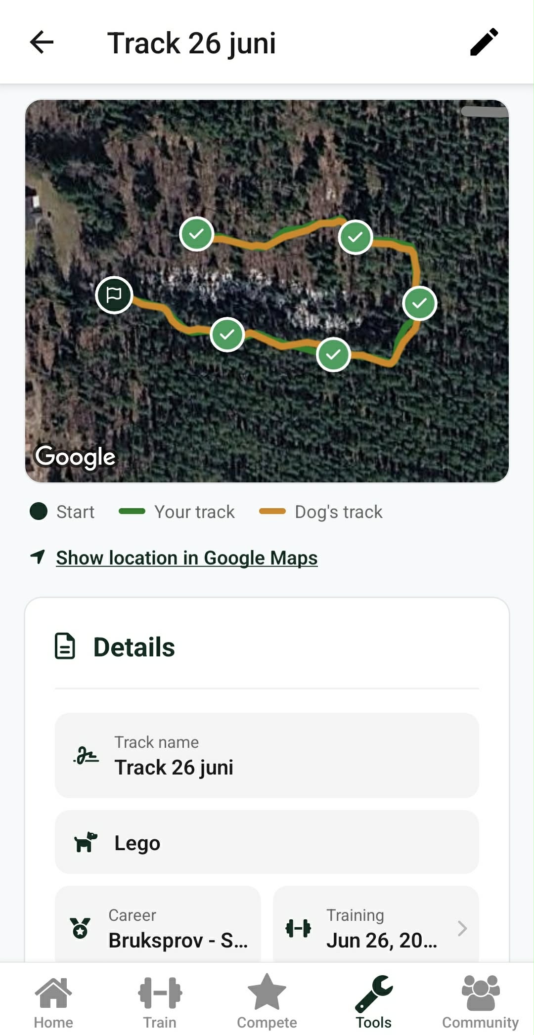 A finished track in DogStreak showing the laid track and the dog's route on a map.