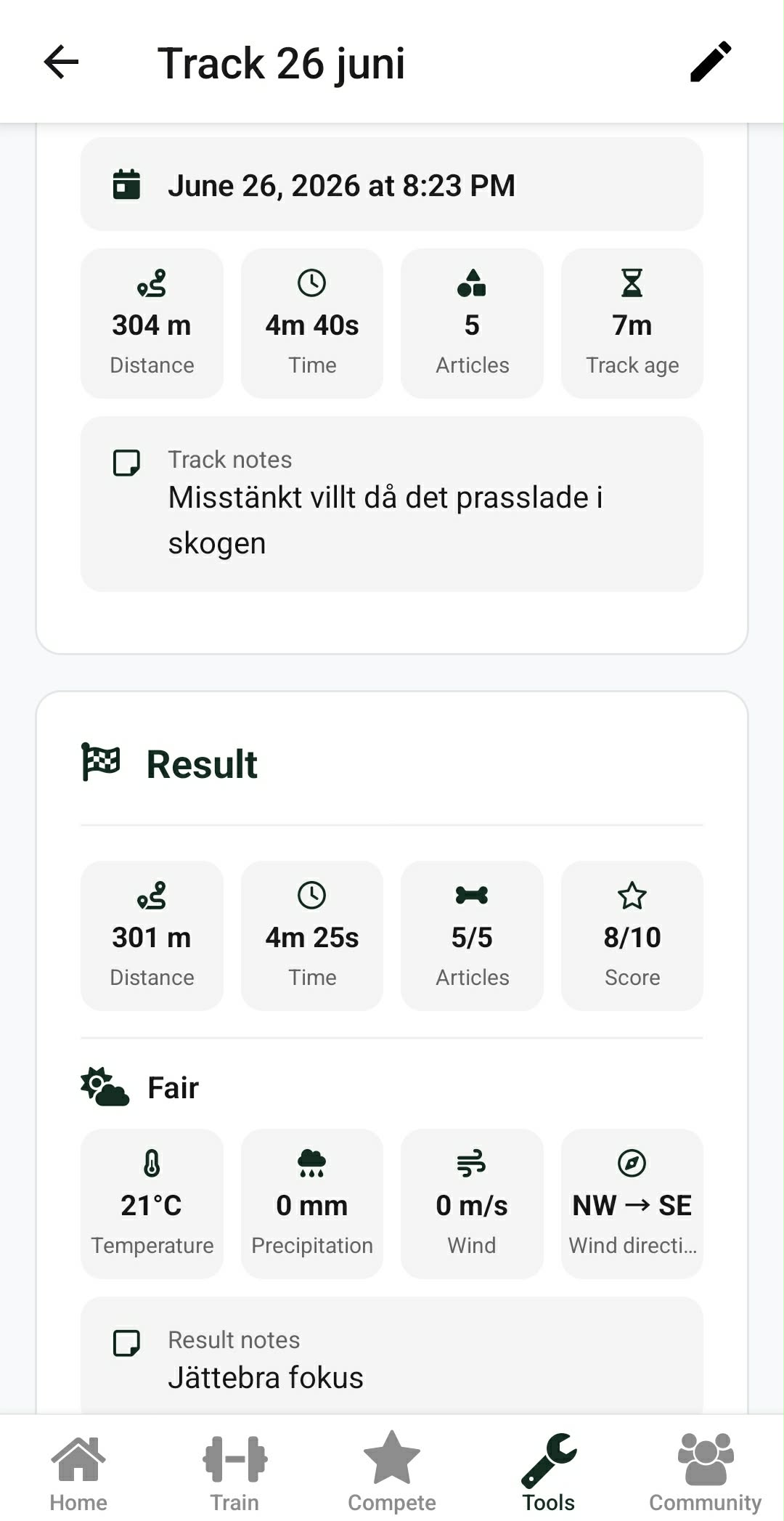 The result view in DogStreak with distance, time, articles, score and weather data.