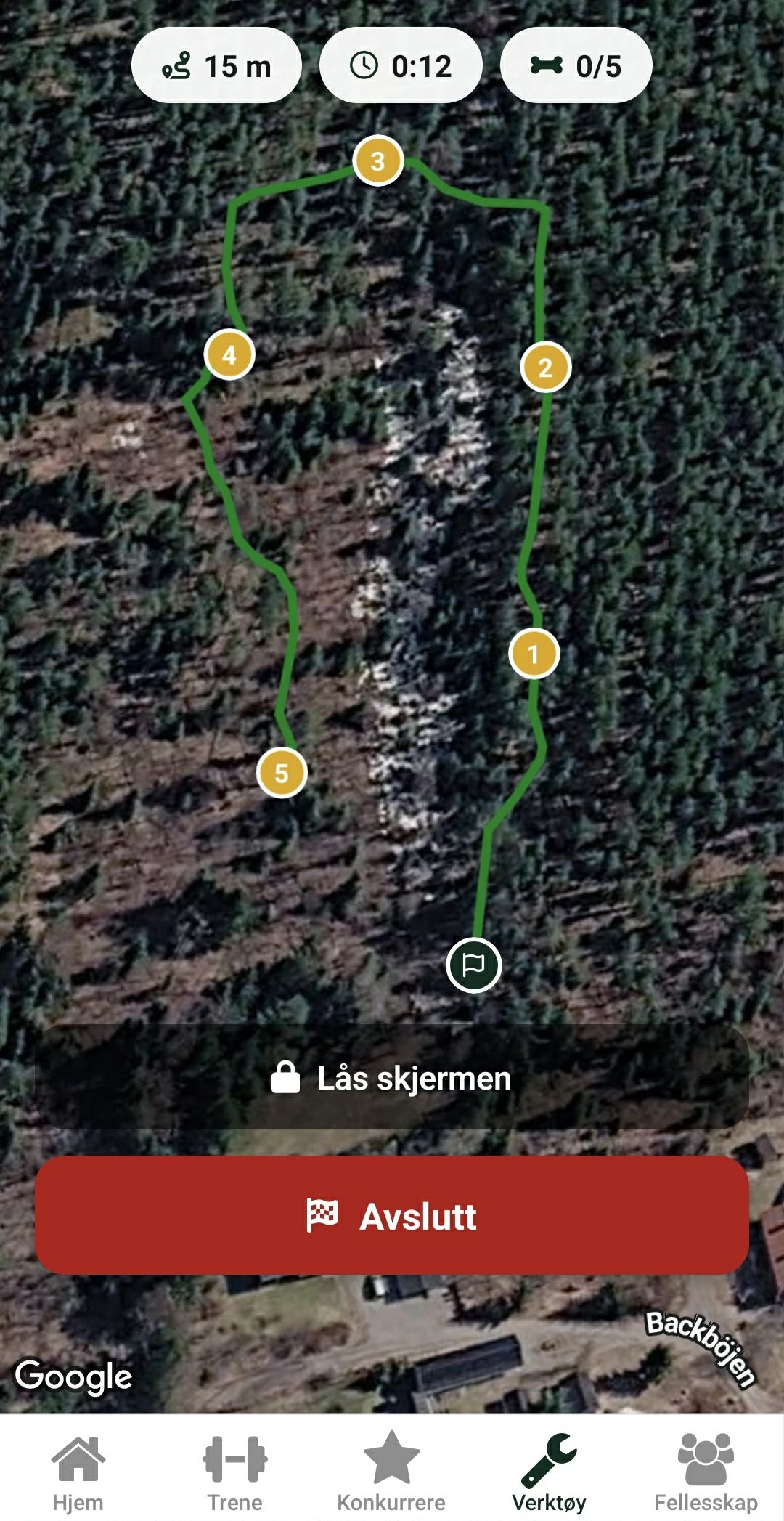Sporingsvisningen i DogStreak med et lagt spor på satellittkart og nummererte apporter.
