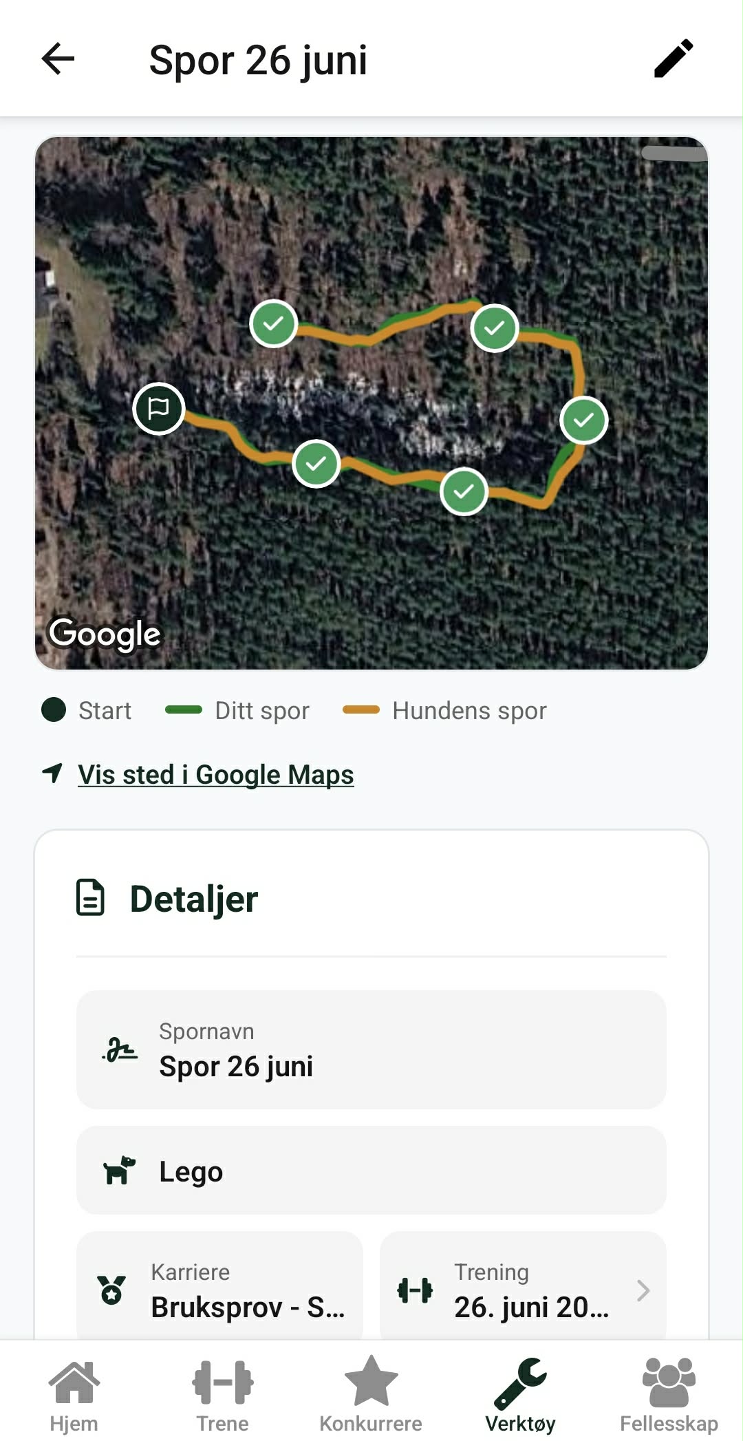 Et avsluttet spor i DogStreak som viser det lagte sporet og hundens vei på et kart.