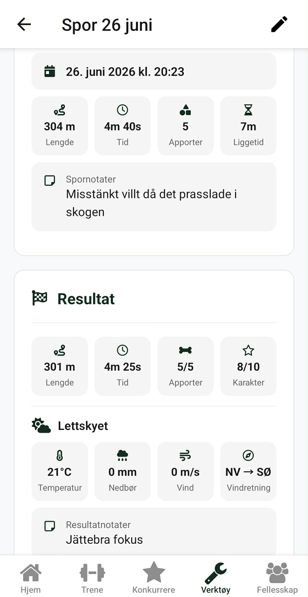 Resultatvisningen i DogStreak med distanse, tid, apporter, poeng og værdata.