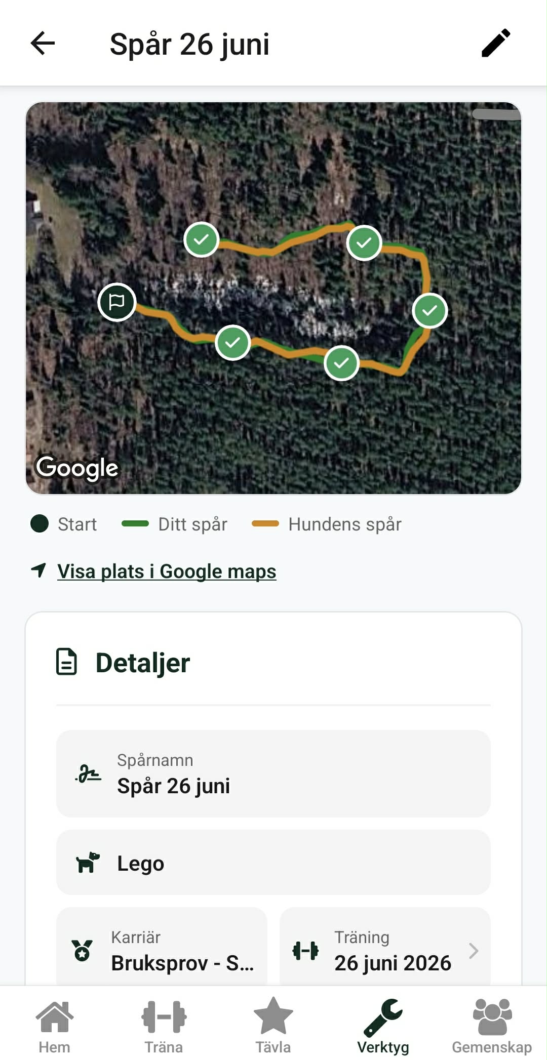 Ett avslutat spår i DogStreak som visar det lagda spåret och hundens väg på en karta.