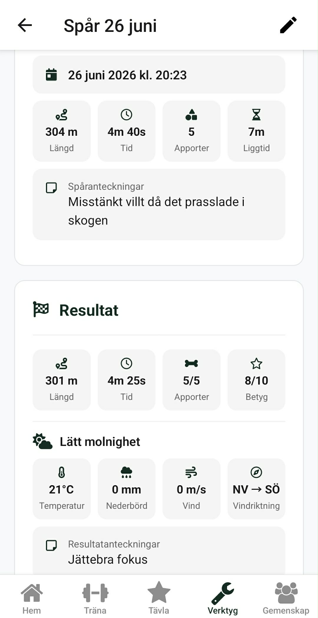 Resultatvyn i DogStreak med sträcka, tid, apporter, poäng och väderdata.